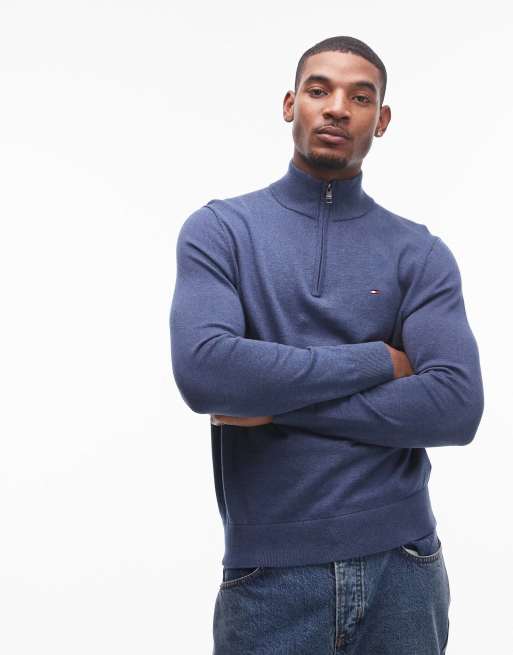 Tommy Hilfiger – Pullover in Dunkelblau mit kurzem Reißverschluss und Stehkragen