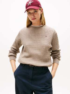 Tommy Hilfiger - Pullover in Hellgrau mit feinem Zopfstrickmuster und Rundhalsausschnitt-Neutral