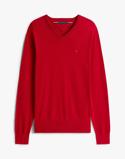 Tommy Hilfiger Pullover mit Flaggenstickerei und V-Ausschnitt in Mittelrot, 5 von 6