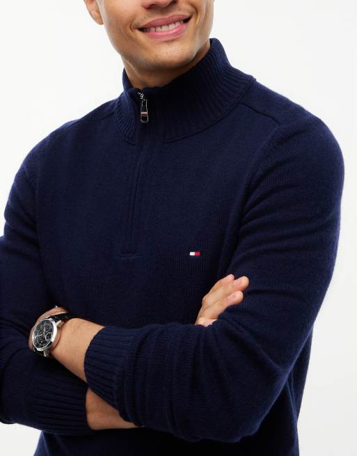 Tommy Hilfiger Pure lambswool quarter-zip jumper in navy blue, 3 of 7