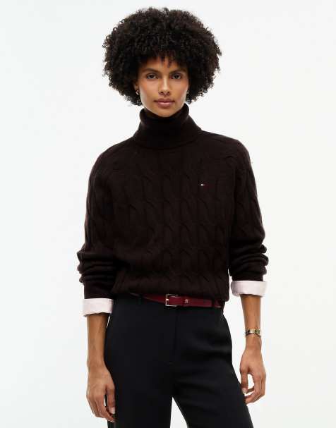 Tommy Hilfiger Pure wool cable roll neck jumper in dark brown - view 1