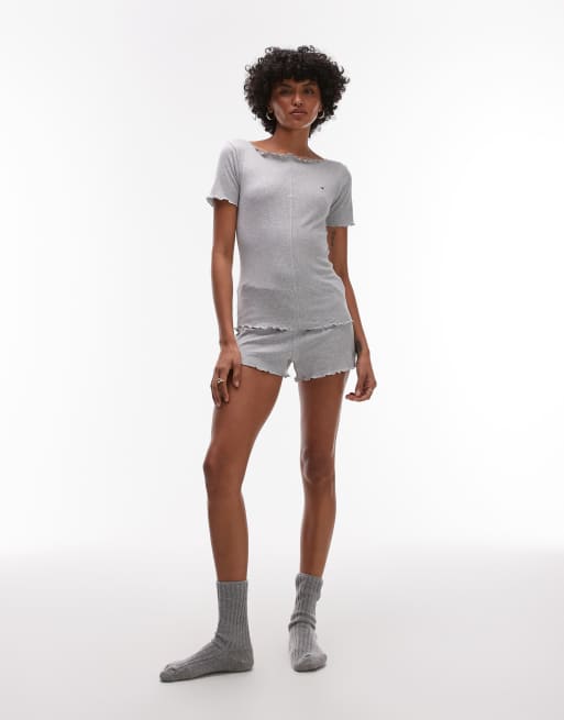 Tommy Hilfiger – Pyjama in Grau mit geripptem T-Shirt und Shorts, 2 von 4