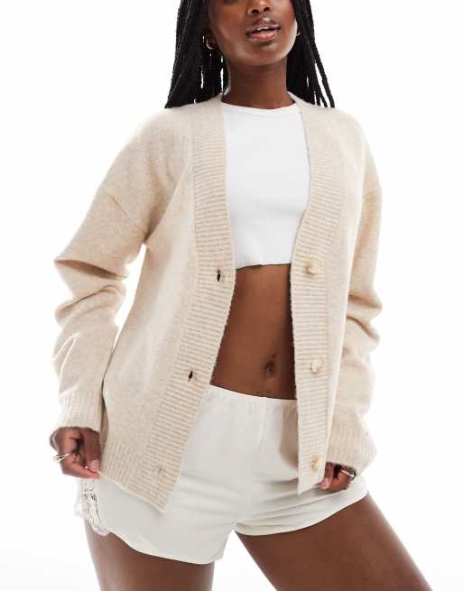 Tommy Hilfiger – Pyjama-Strickjacke in Beige mit Hilfiger-Logo