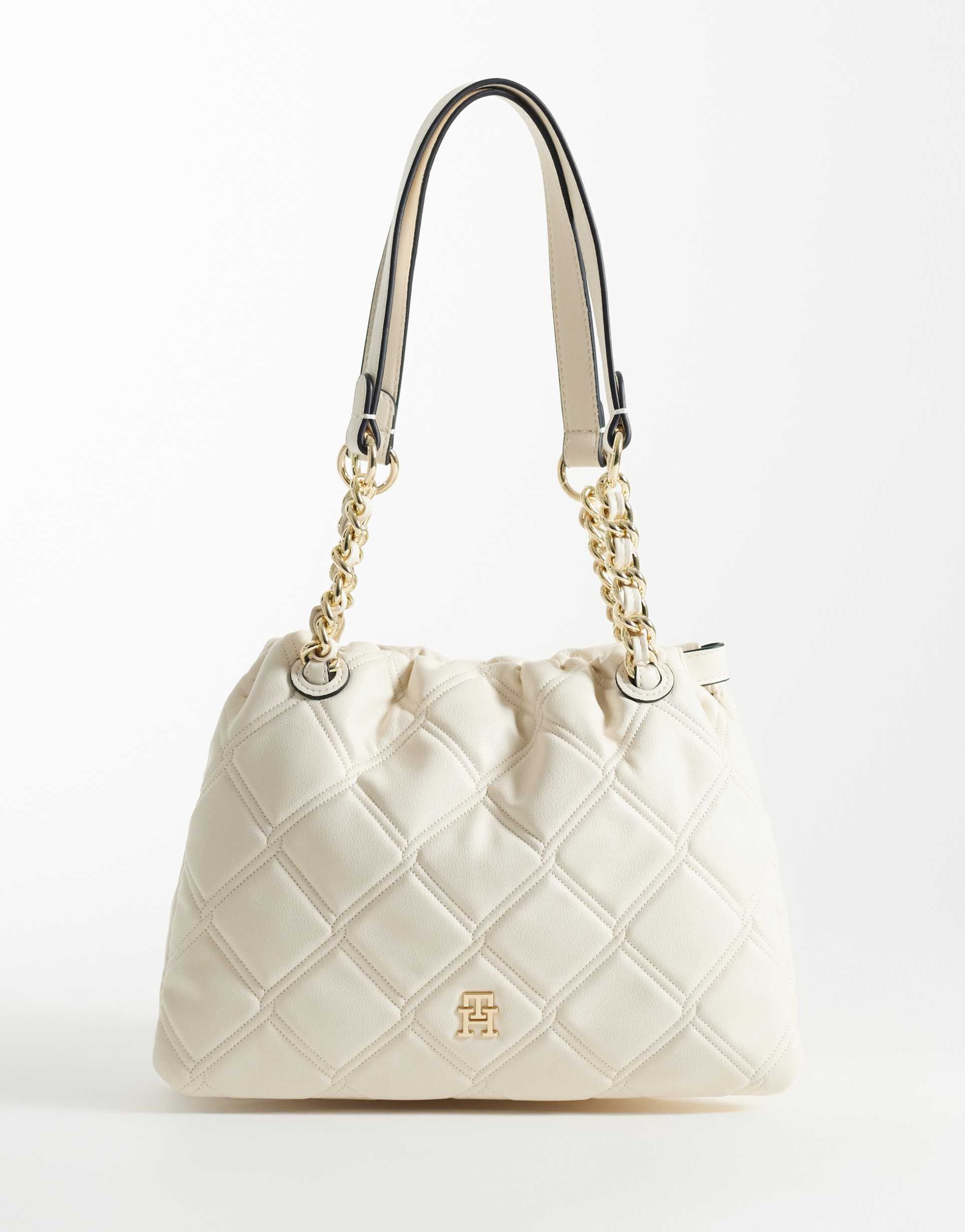tommy hilfiger quilted mini tote with chain strap in cream