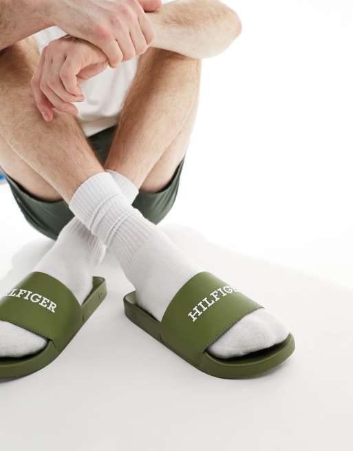 Tommy Hilfiger raised logo pool slides in green