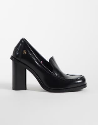 Tommy Hilfiger Real Premium Leather Heeled Loafers In Black