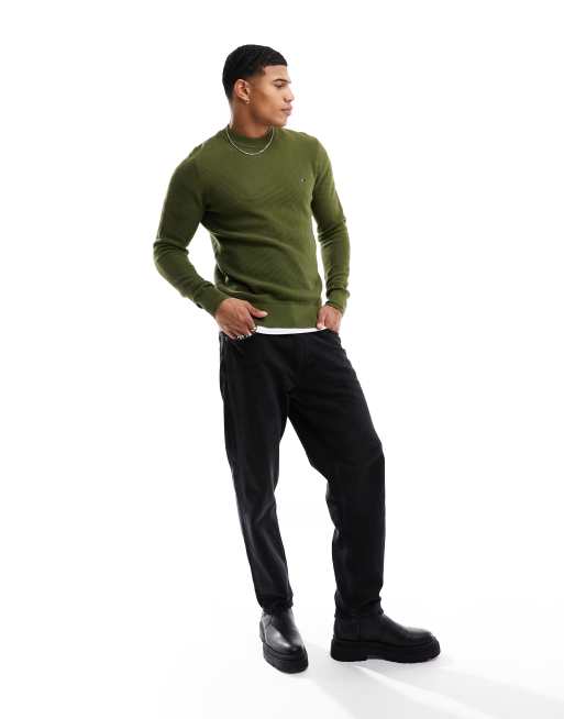 Men's White Horizontal Striped Crew-neck Sweater, Dark Green Wool Dress  Pants, Burgundy Leather Chelsea Boots, Green Canvas Holdall