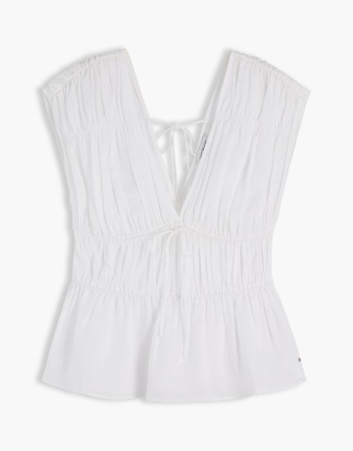 Tommy Hilfiger Regular Fit ärmellose Smok-Bluse mit Leinen in Ecru, 5 von 6