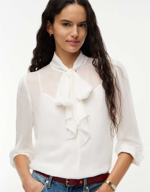 Tommy Hilfiger Regular fit crinkle georgette bow blouse in white, 3 of 6