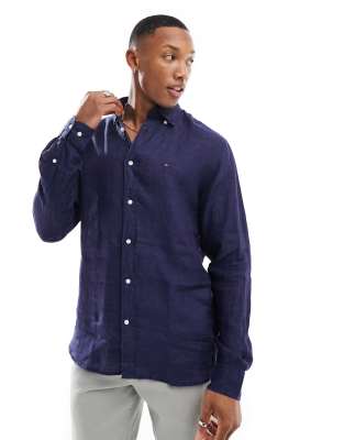 Tommy Hilfiger - Regular-fit overhemd in effen marineblauwe pigment-dye