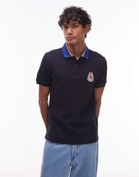 Tommy Hilfiger – Regular Fit Polohemd in Marineblau mit Fischgrätmuster und Kragen - view 1