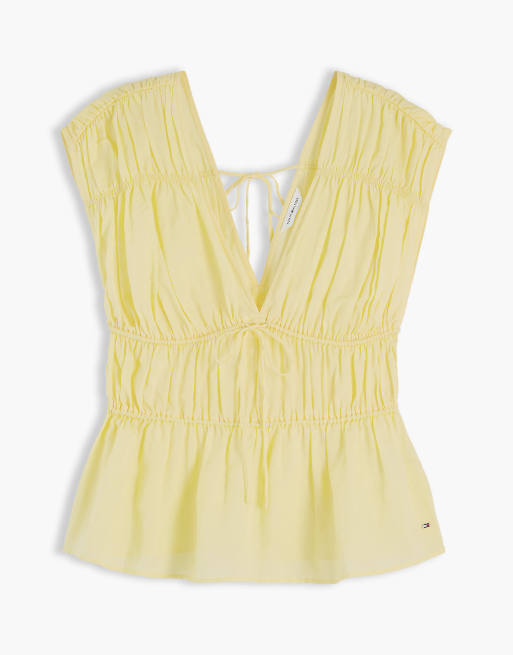 Tommy Hilfiger Regular fit sleeveless smock blouse with linen in citronella, 5 of 6