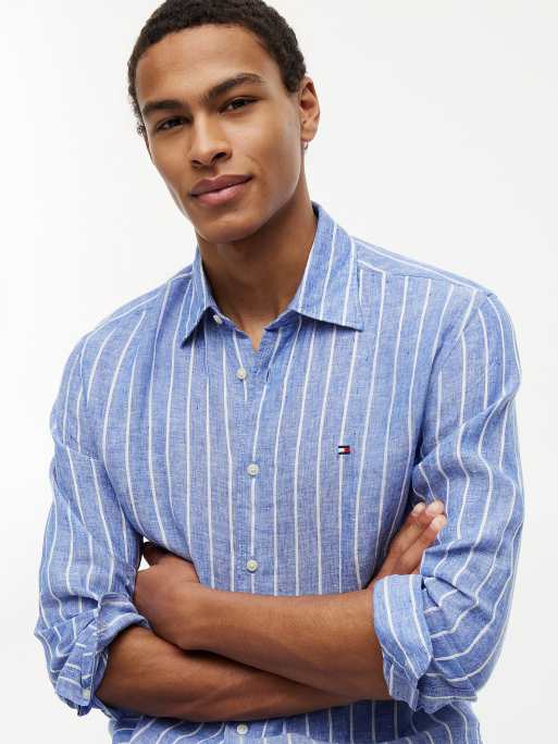 Tommy Hilfiger Regular fit textured stripe pure linen shirt in blue, 3 of 6