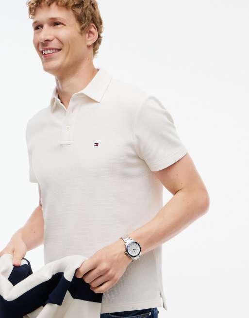 Tommy Hilfiger Regular fit waffle knit polo shirt in ivory petal, 3 of 6
