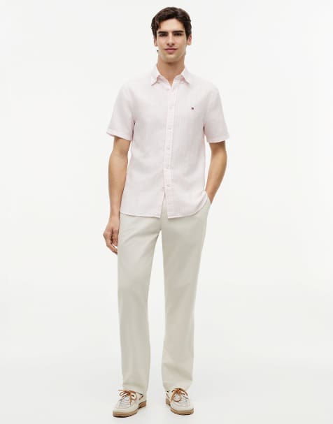 Tommy Hilfiger Regular linen blend bengal stripe short sleeve shirt in light pink