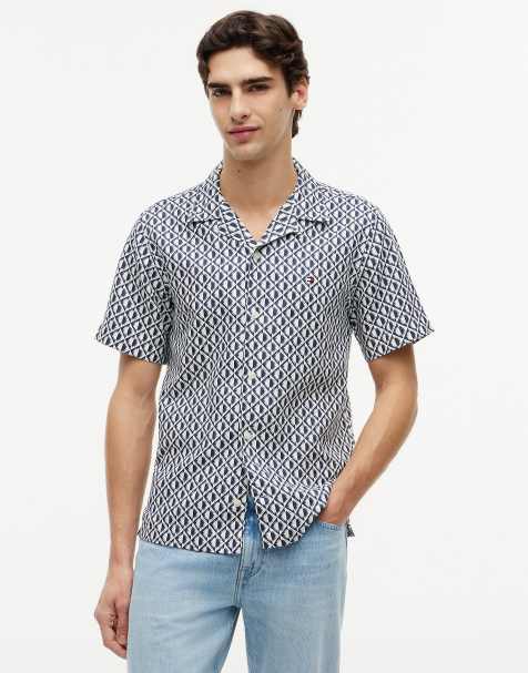 Tommy Hilfiger Regular linen blend print short sleeve shirt in multi blue