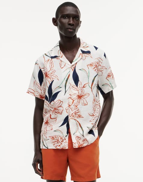 Tommy Hilfiger Regular tropical print linen short sleeve shirt in multi white - view 1