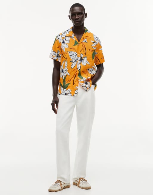 Tommy Hilfiger Regular tropical print linen short sleeve shirt in orange, 2 of 6