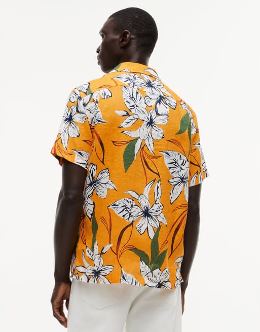 Tommy Hilfiger Regular tropical print linen short sleeve shirt in orange, 4 of 6