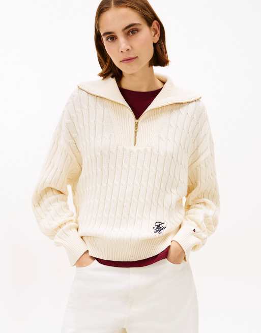 Tommy Hilfiger Relaxed cable knit half-zip jumper in white