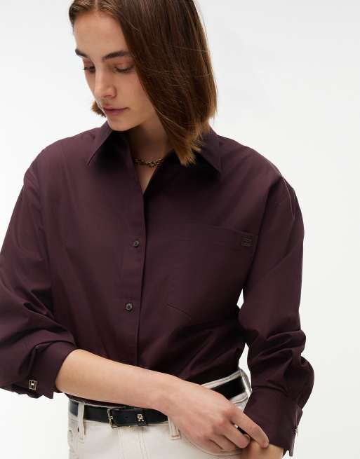 Tommy Hilfiger Relaxed fit double cuff poplin shirt in chocolate, 3 of 6