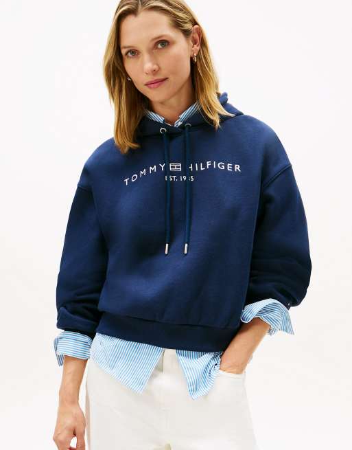 Tommy Hilfiger – Relaxed-Fit-Kapuzenpullover aus Flex-Fleece in Dunkelblau mit Logostickerei