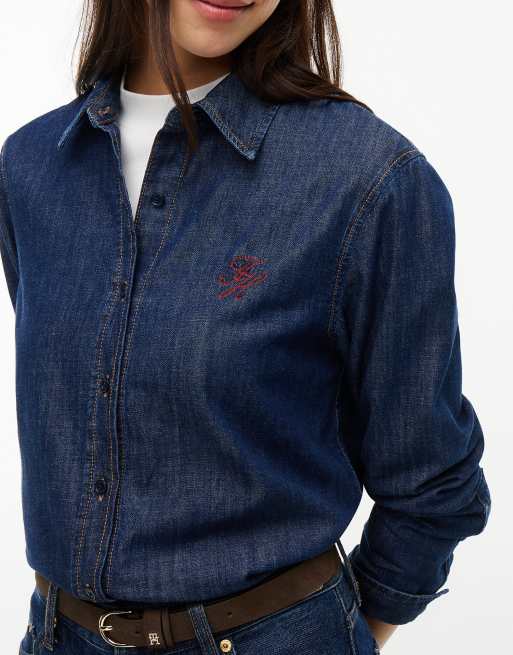 Tommy Hilfiger Relaxed fit logo embroidery denim shirt in dark blue, 3 of 7