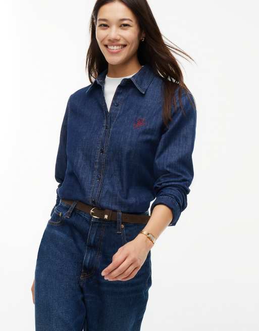 Tommy Hilfiger Relaxed fit logo embroidery denim shirt in dark blue, 4 of 7