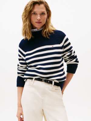 Tommy Hilfiger - Relaxed-Fit-Pullover mit Stehkragen und mehrfarbigem Streifen-Blau