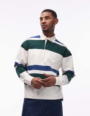 Tommy Hilfiger relaxed fit rugby shirt in cream & green stripes-White