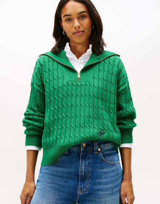 Tommy Hilfiger – Relaxed-Fit-Strickpullover in Grün mit Zopfmuster und kurzem Reißverschluss