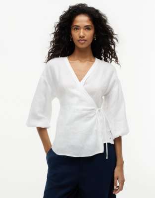Relaxed-Fit-Wickelbluse aus reinem Leinen in Weiß Weiß 32