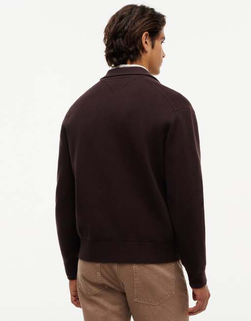 Tommy Hilfiger Relaxed milano zip-thru collared jumper in chocolate, 4 of 6