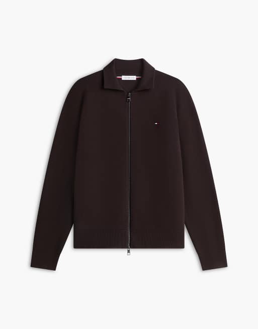 Tommy Hilfiger Relaxed milano zip-thru collared jumper in chocolate, 5 of 6