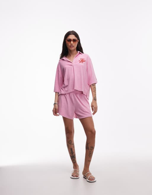 Tommy Hilfiger – Resort – Hemd aus Frottee in Rosa mit Logo, Kombiteil, 3 von 4