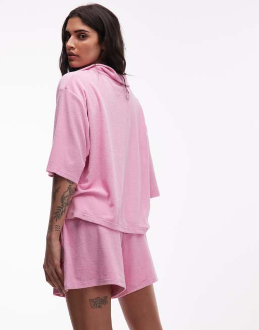 Tommy Hilfiger resort logo towelling short co-ord in pink, 4 of 5