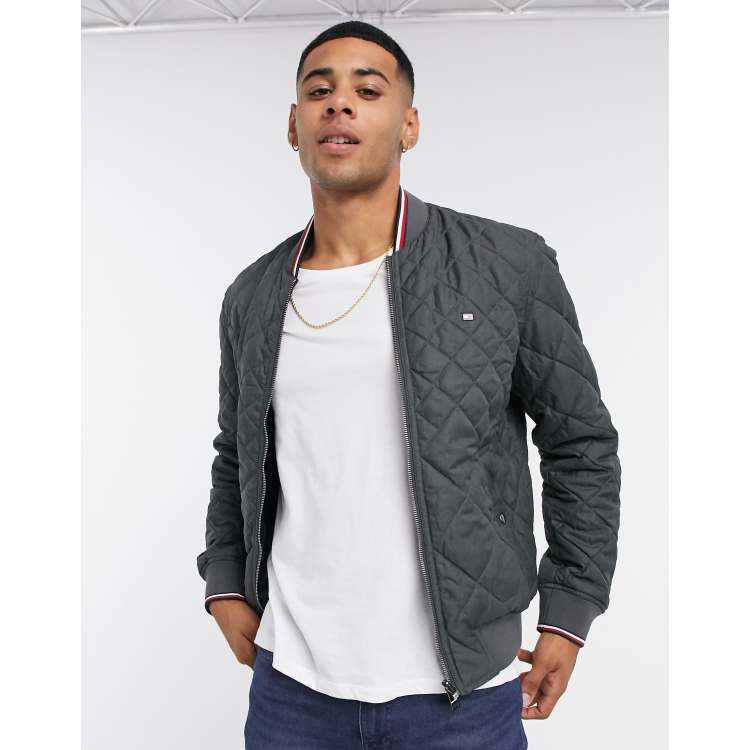 reversible logo quilted bomber jacket in gray/navy | ASOS