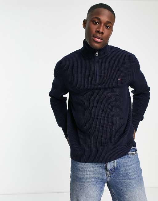 Tommy Hilfiger rib texture half zip jumper in navy ASOS