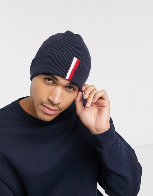 Tommy Hilfiger ribbed beanie in black with flag logo