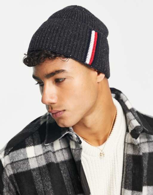 Tommy Hilfiger ribbed beanie in black with side stripe ASOS