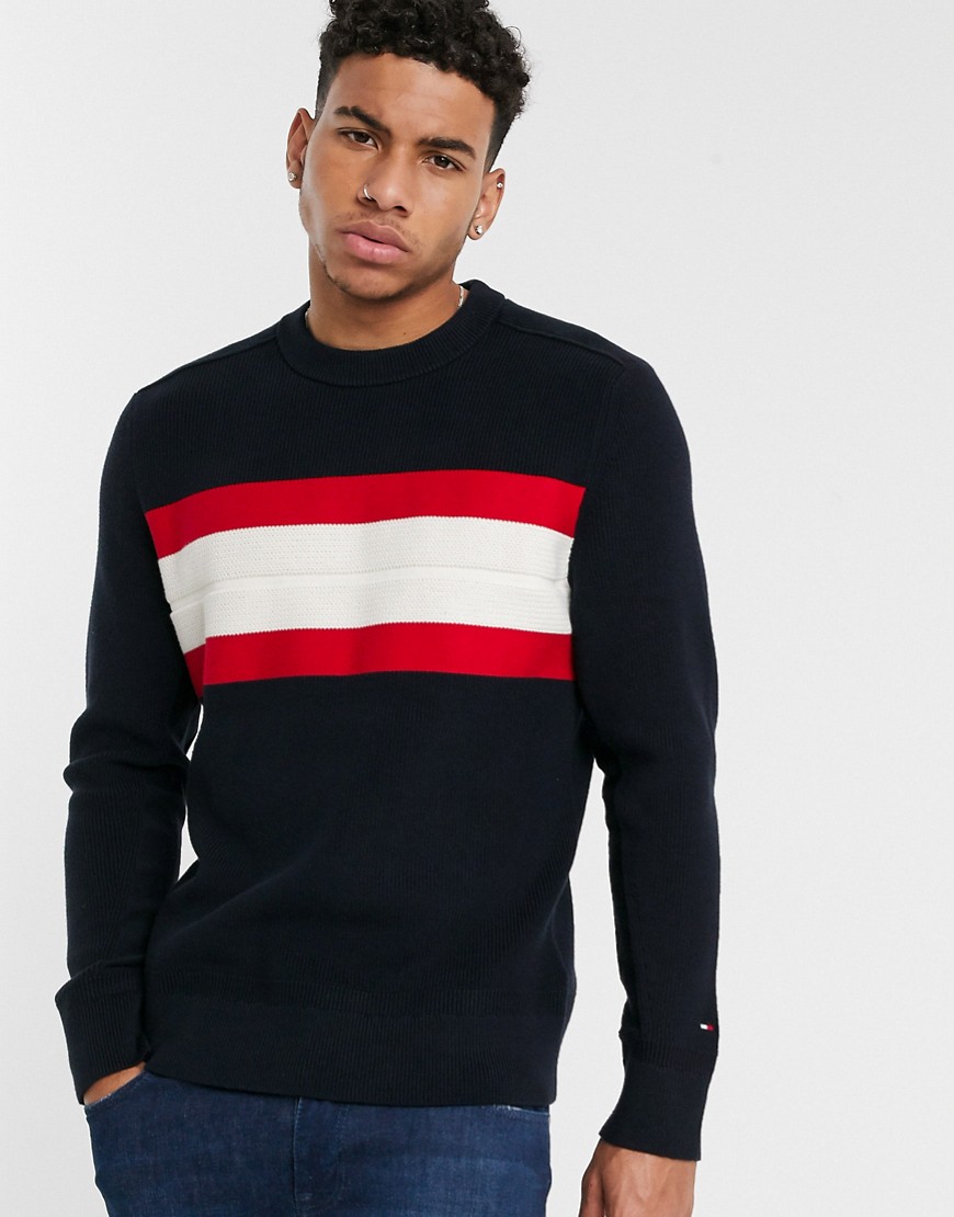 Tommy Hilfiger ribbed chest stripe knit jumper in navy