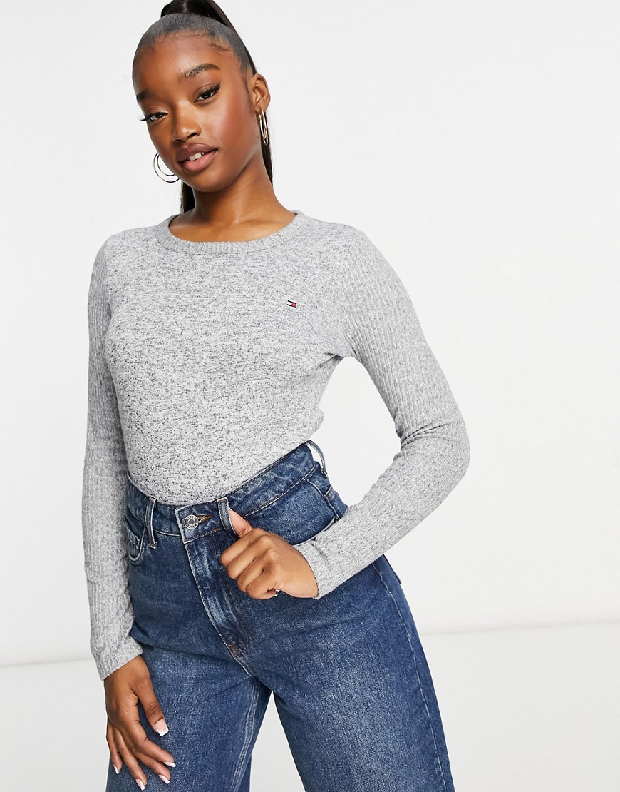 Tommy Hilfiger ribbed long sleeve top in gray-Grey