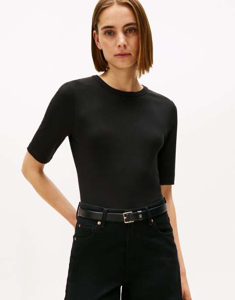 Tommy Hilfiger Ribbed slim half sleeve t-shirt in black