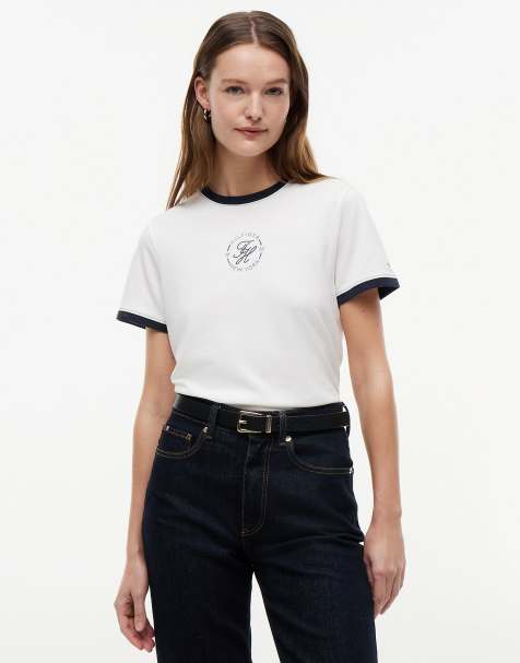 Tommy Hilfiger – Ringer-T-Shirt in Weiß mit Logostickerei - view 1