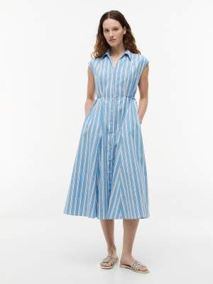 Robe chemise mi-longue à liens et mancherons - Bleu clair L