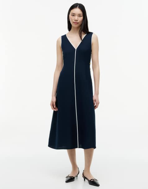 Tommy Hilfiger robe longue en mélange de lin à boutons couleur dorée, bleu foncé - view 1