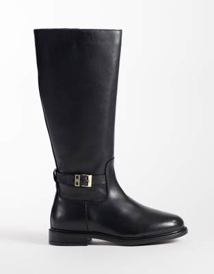 Tommy Hilfiger Rossie Leather Knee High Boots With Buckles In Black