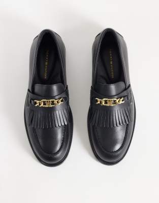 Tommy Hilfiger Rossie Leather Loafers With Chain Fringe In Black