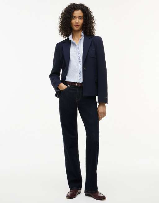 Tommy Hilfiger Ruffle collar yarn dyed oxford shirt in multi blue, 2 of 6