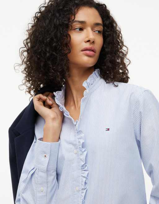Tommy Hilfiger Ruffle collar yarn dyed oxford shirt in multi blue, 3 of 6